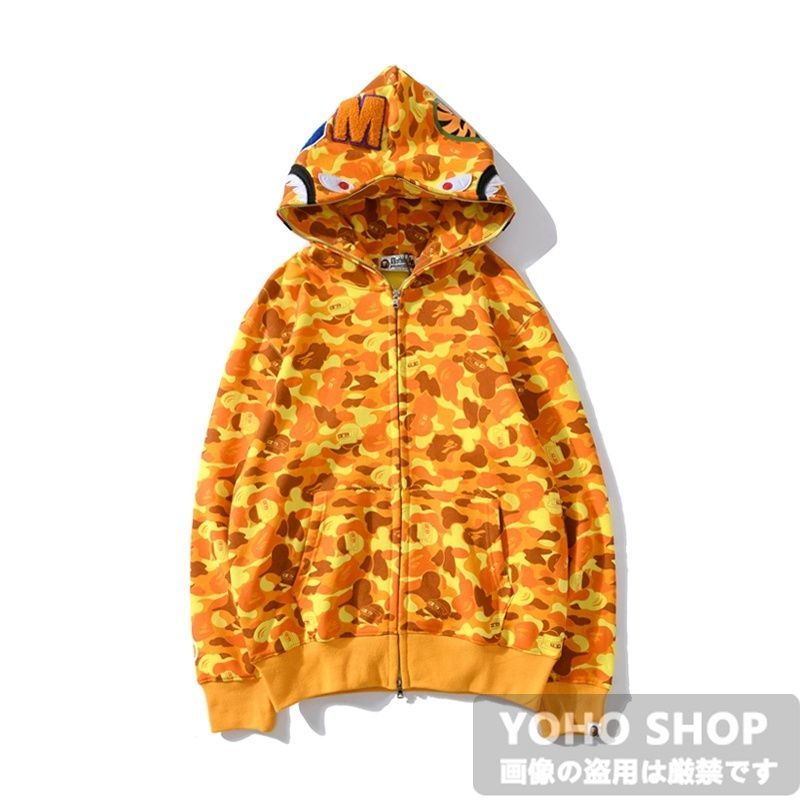 人気商品 A BATHING APE エイプ シャーク パーカー カモ プリント カジュアル ルーズ ジップ パーカー プラスベルベット イエロー  迷彩柄 - メルカリ