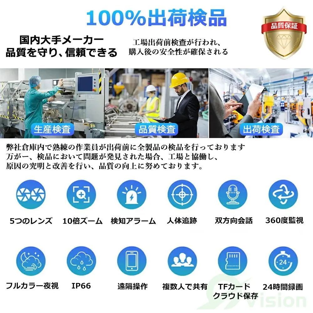 防犯カメラ 屋外 家庭用 高画質 監視カメラ 4レンズ ワイヤレス WiFi 人体検知 自動追尾 双方向会話 IP66防水 首振り 常時録画 SDカード クラウド録画保存 スマホ 防犯灯 留守 お宅 庭 玄関 駐車場 店舗