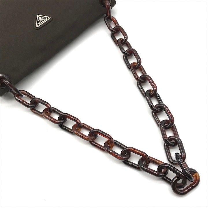 良品 PRADA プラダ 三角ロゴ プレート べっ甲調 チェーン ショルダー  