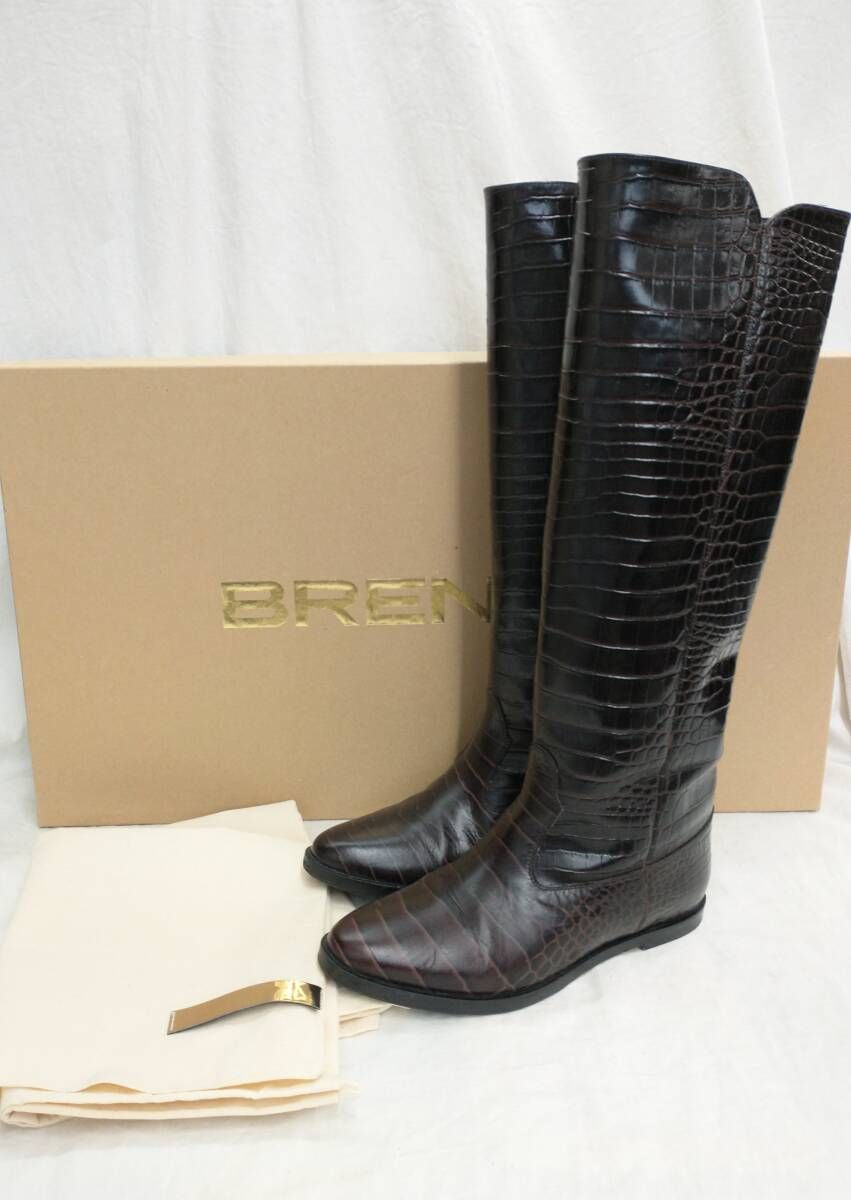 箱付] BRENTA ブレンタ クロコ型押し インヒール ロングブーツ 37