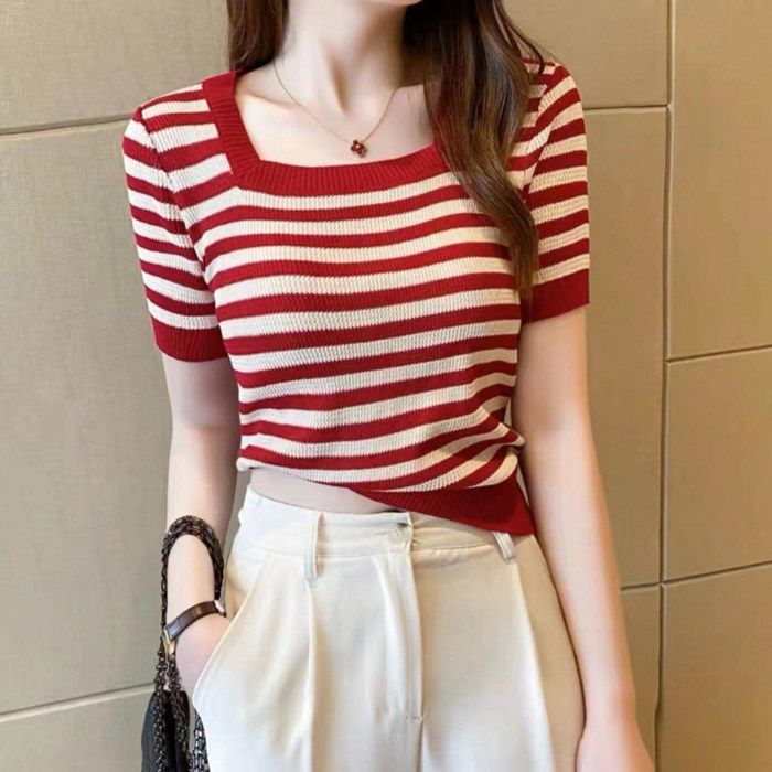 サマーニット Tシャツ 半袖 レディース ニットトップス スクエア