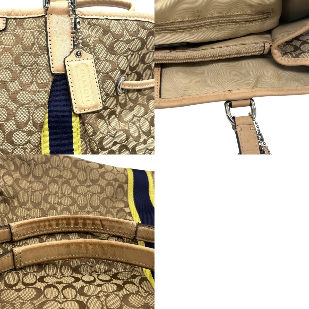 コーチ トートバッグ シグネチャー ストライプ キャンバス レザー ベージュ F26130 巾着型 ドローストリング A4収納可 肩掛け ワンショルダー 大容量 レディース ハンドバッグ 通勤 通学 チャーム付き クリーニング済み s63 DECORATOM_COM_BR