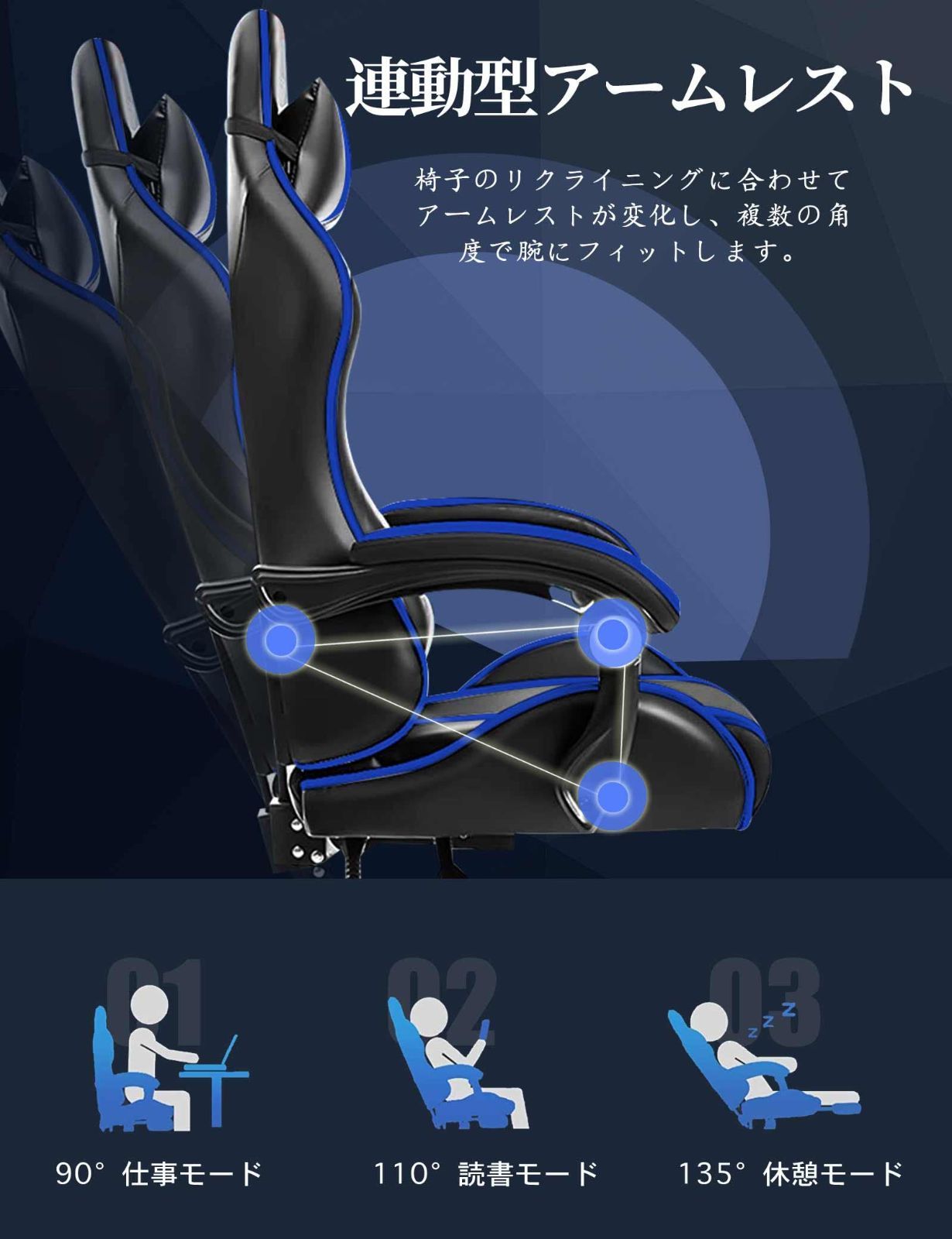 色: ブルー】JIQIAO ゲーミングチェア オットマン付き デスクチェア オ