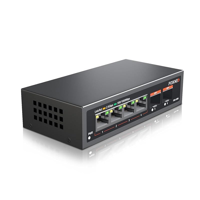 FOXNEO 2.5gbps スイッチングハブ 6ポート 4x2.5G RJ45と2x10G SFP 搭載 個人や家庭向けのスイッチングハブ 静音ファンレス設計 デスクトップや壁掛け設置 金属筐体 プラグアンドプレイ アンマネージド スイッチングハブ