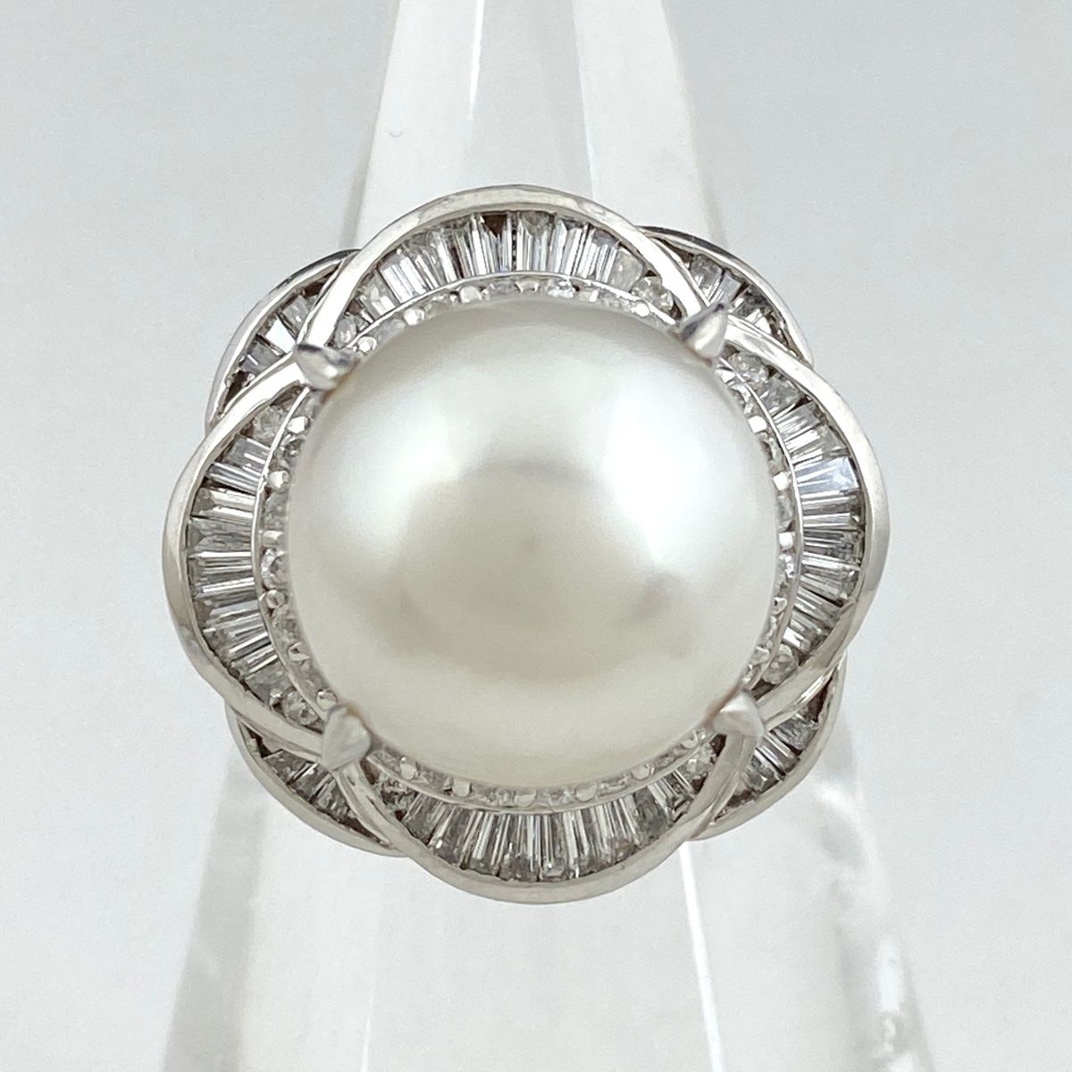 パール デザインリング プラチナ 指輪 メレダイヤ 真珠 リング 13号
