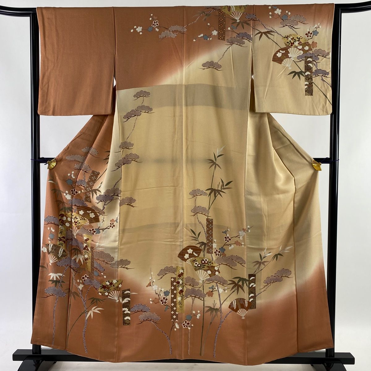 訪問着 美品 名品 扇 松竹梅 金通し 金糸 赤茶 袷 身丈159cm 裄丈64cm