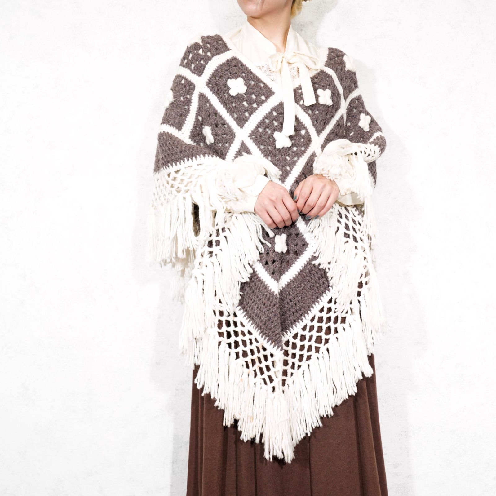 USA VINTAGE CROCHET DESIGN HAND CAPE KNIT アメリカ古着鍵編みデザインハンドケープニット