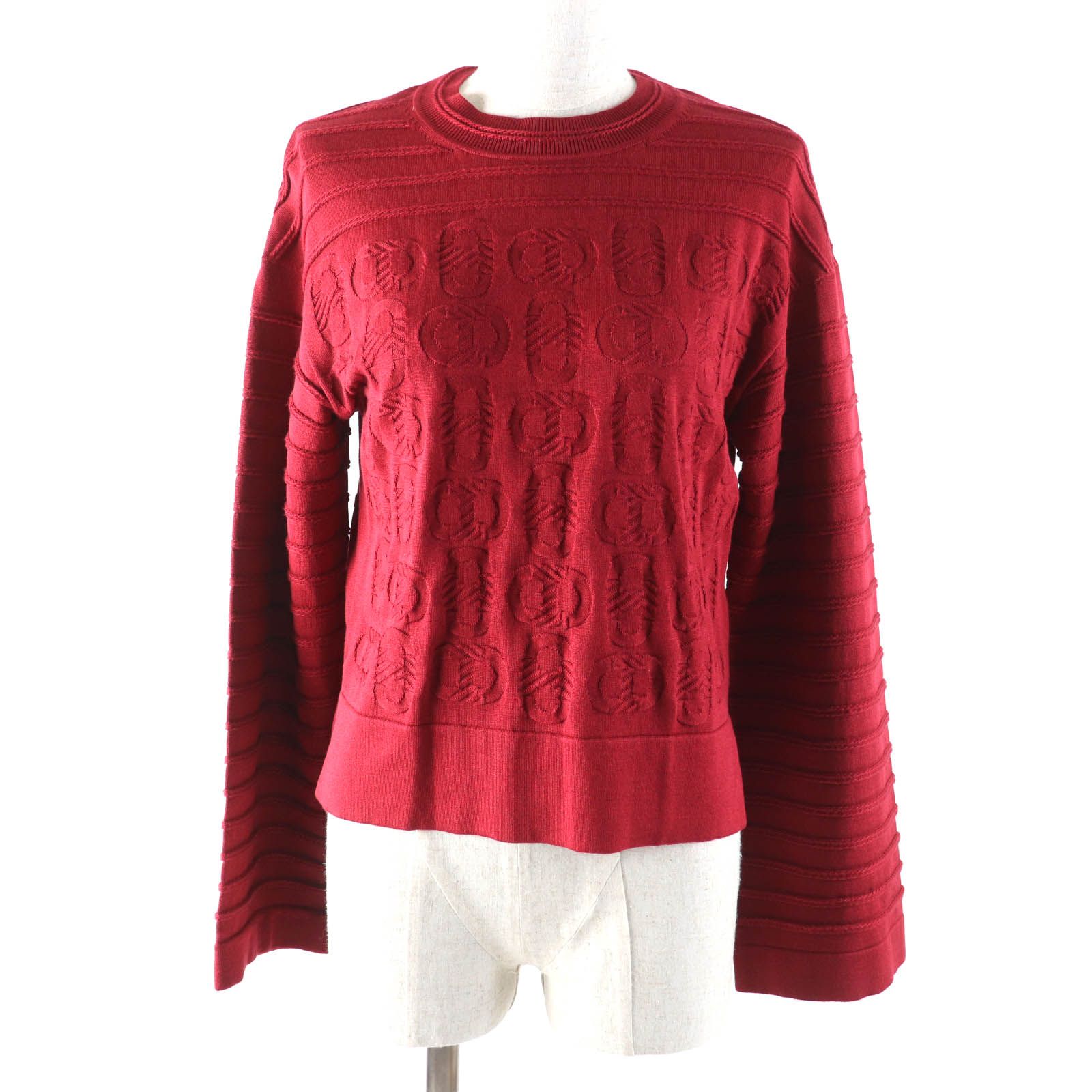 HERMES - 極美品★HERMES エルメス 23AW 3E2614D3 シルク混 シェーヌダンクル ワイドスリーブ ニット レッド系 34 イタリア製 正規品 レディース 極美品☆HERMES エルメス 23AW 3E2614D3 シルク混