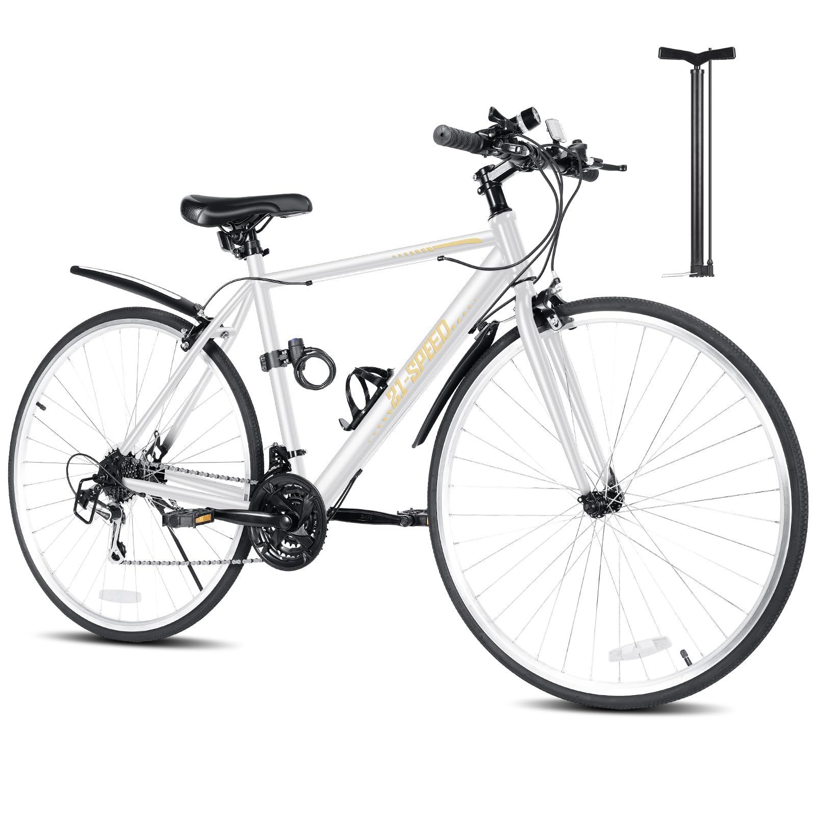 Mixiu クロスバイク シマノ製21段変速 自転車 700C 27インチ相当 高炭素鋼フレーム 軽量 クロスバイク 男女兼用 通勤 通学 旅行 街乗り マウンテンバイク 空気入れ付き 前後泥除け ワイヤーロック ライト 反射板 コップホルダー