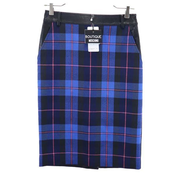 未使用 ブティックモスキーノ ミディ丈 フェイクレザー スカート I 38 青系 BOUTIQUE MOSCHINO 切替 レディース 未使用 ブティックモスキーノ ミディ丈 フェイクレザー スカート I 38