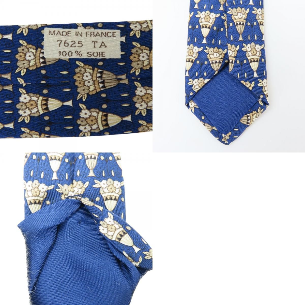 中古】 エルメス ネクタイ 総柄 花束 シルク ネイビー ベージュ系 紳士