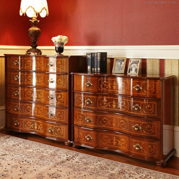 【アンティーク　イタリア製　4段　木製チェスト　】 チェスト 木製 4段 完成品 茶 58cm 象嵌 ロココ調 イタリア 家具 猫脚