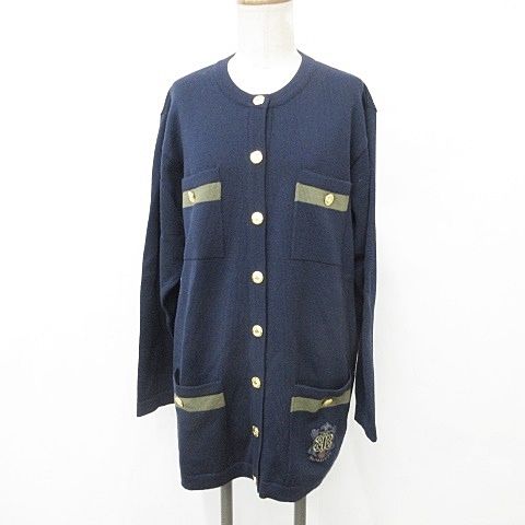 バーバリーズ Burberrys ニット カーディガン 長袖 丸首 金釦 刺繍 ウール 紺 緑 カーキ ネイビー F