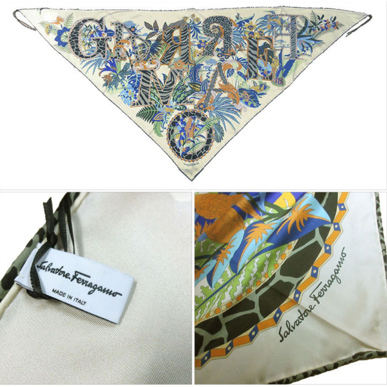 新品　サルヴァトーレフェラガモ スカーフ シルク三角形　花柄　フラワー フェラガモ スカーフ Salvatore Ferragamo シルク100% 三角形