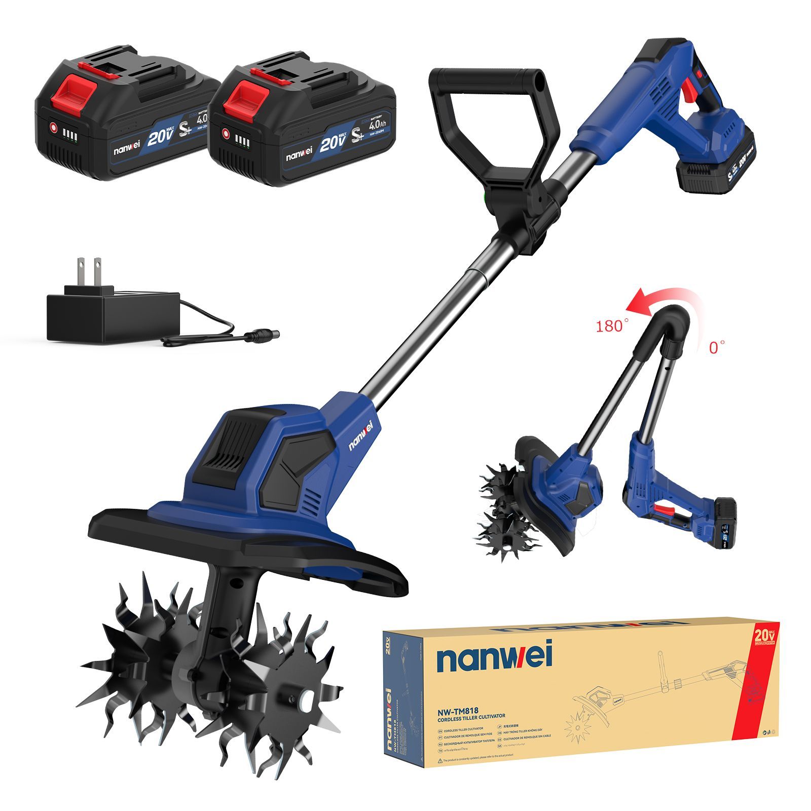 NANWEI コードレス耕運機 充電式耕うん機 マキタ18Vバッテリー対応 電動ミニ耕運機 耕幅200mm 耕深230mm 折りたたみ式 PSE認証済 収納便利 組み立て簡単 家庭菜園 水田畑 電池セット