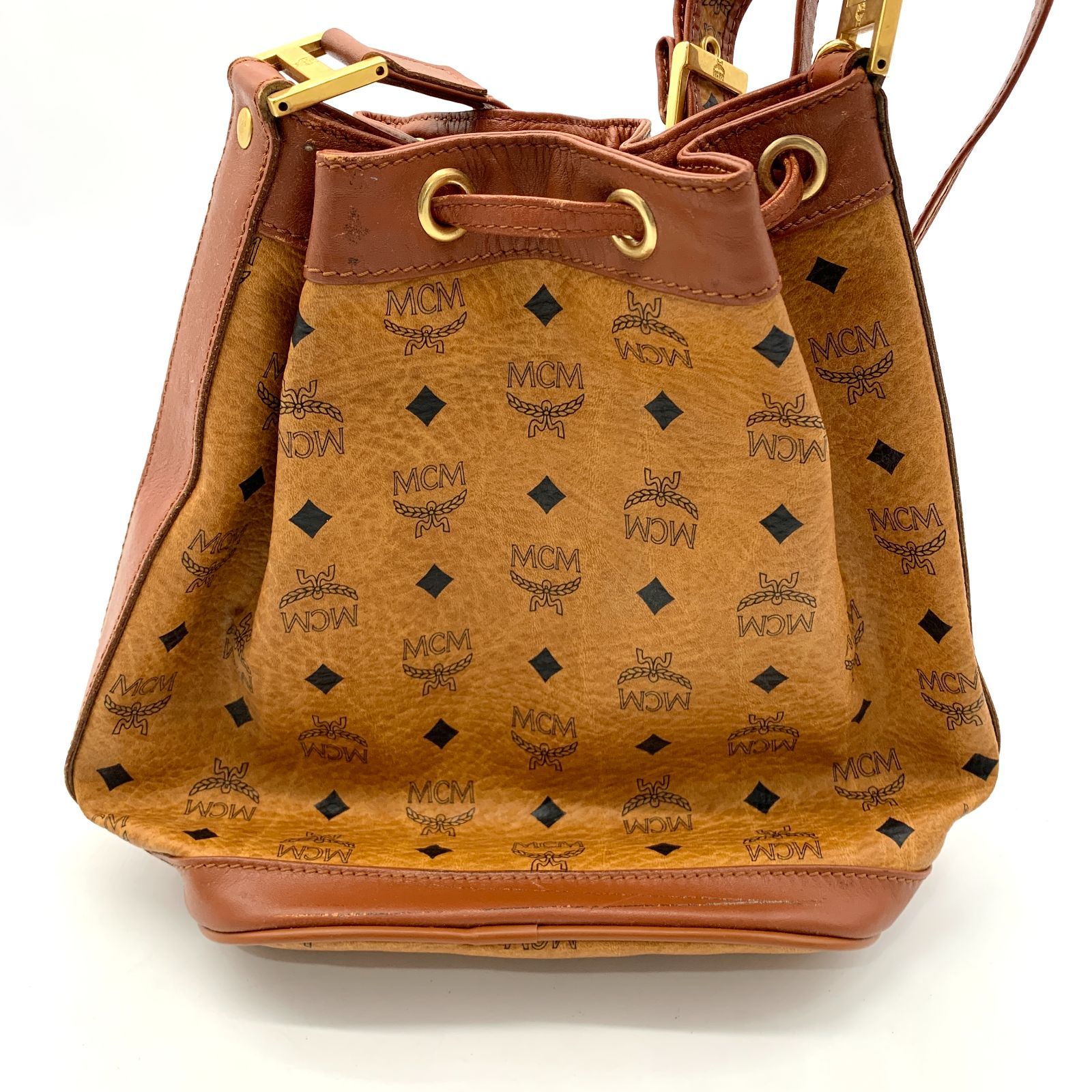 ▽MCM エムシーエム ロゴグラム 巾着バッグ ショルダーバッグ レザー 