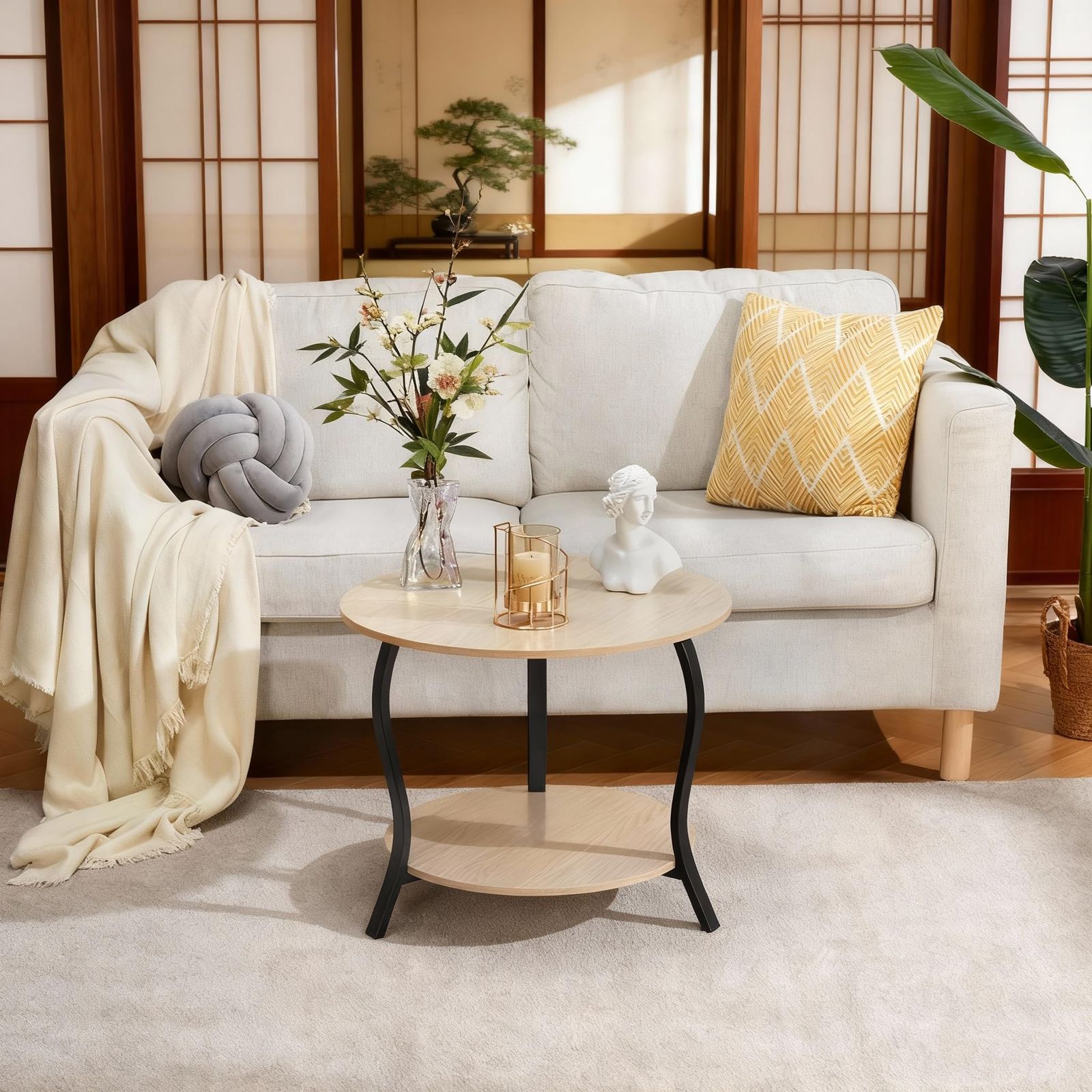 ZEXVIDA コーヒーテーブル 丸型 ローテーブル 幅58×奥行58×高さ48.3cm 2段 リビングサイドテーブル ちゃぶ台 木目調 オーク