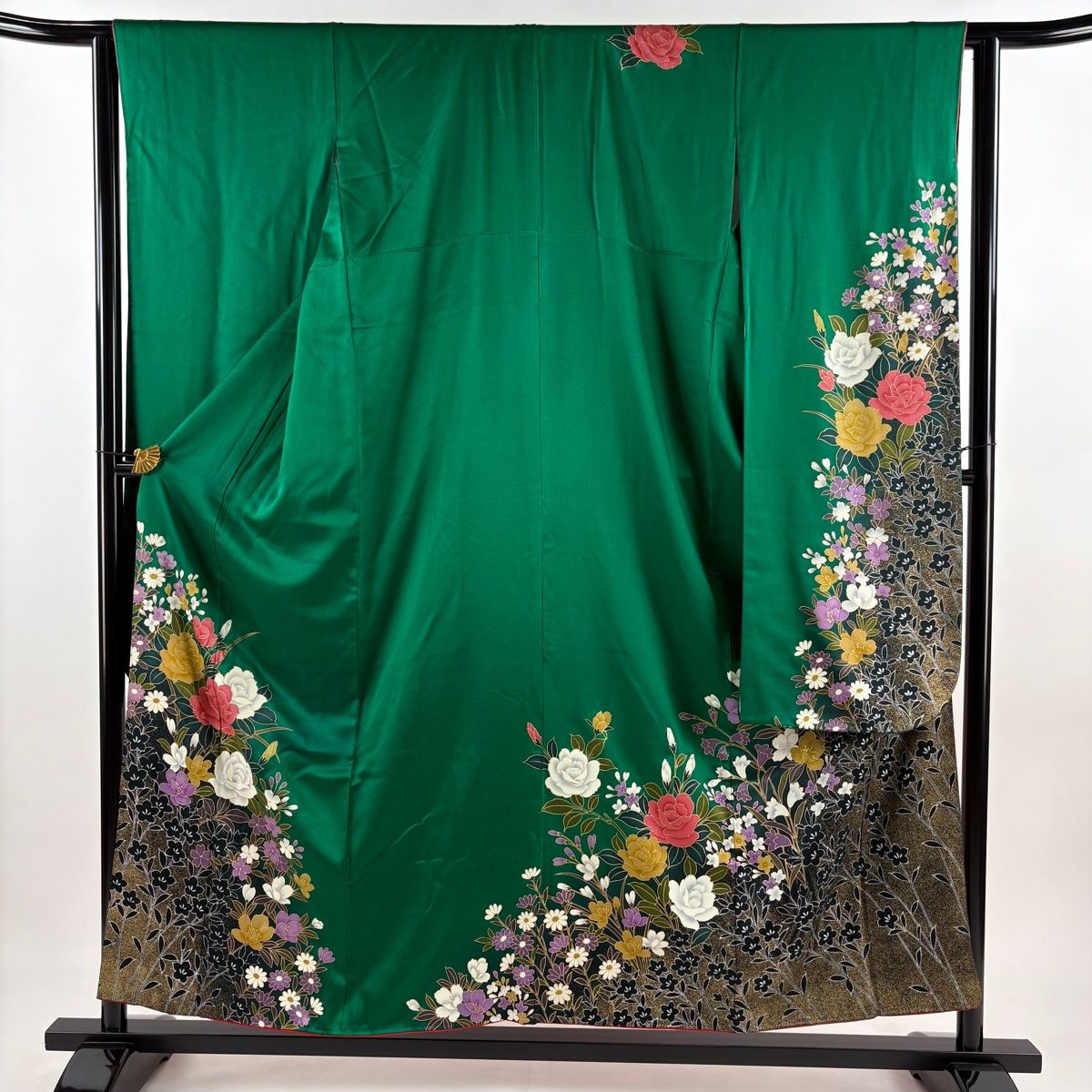 振袖 身丈155.5cm 裄丈63.5cm S 袷 草花 金銀彩 緑 正絹 秀品