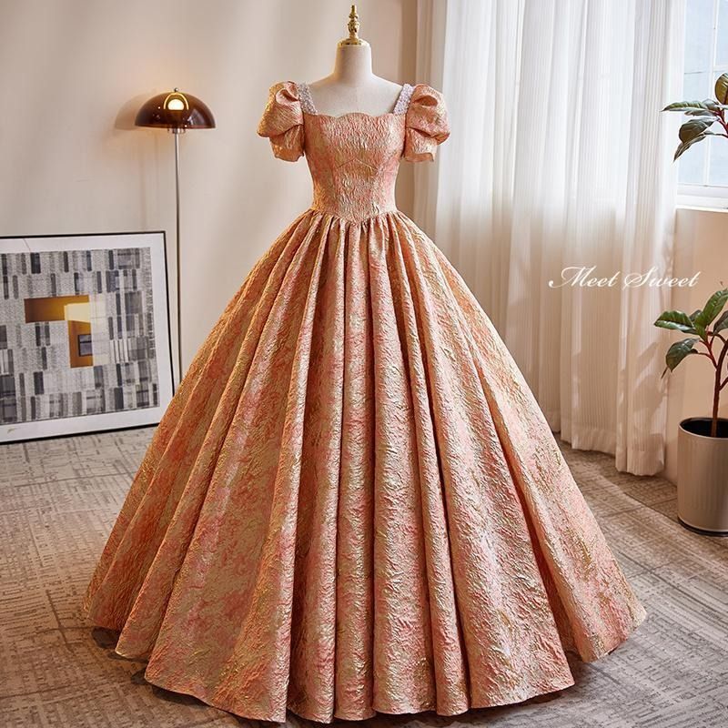 プリンセスライン ロングドレス オレンジ 半袖 凹凸感 編み上げ ウェディングドレス 結婚式 二次会 花嫁