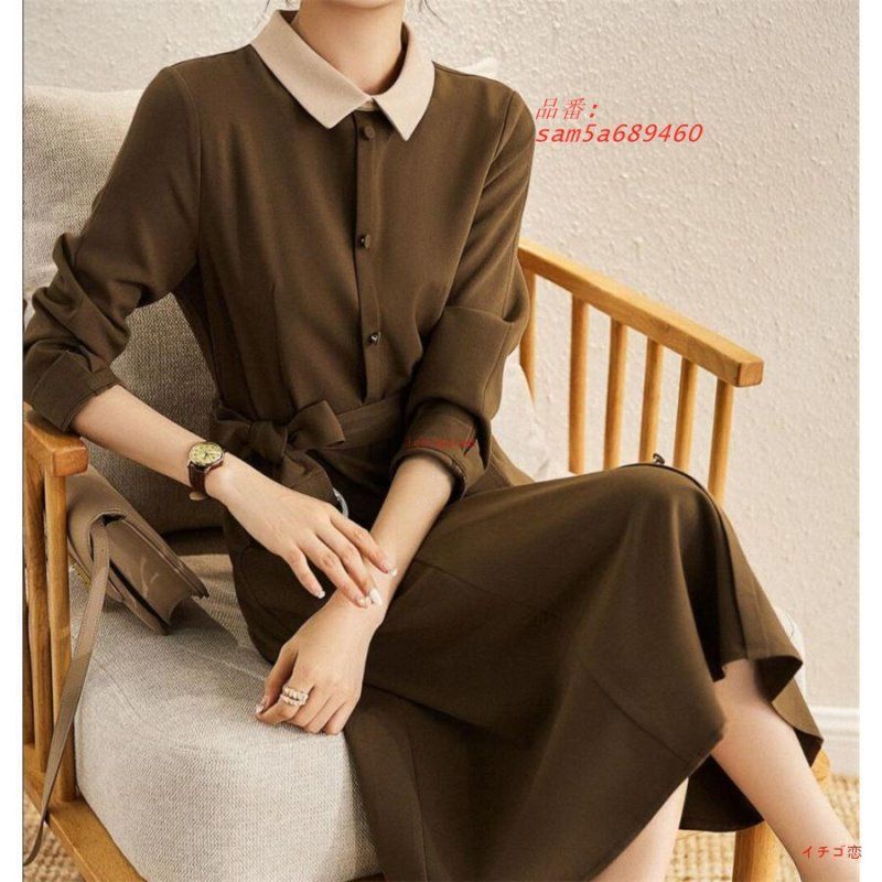 シャツワンピース レディース 長袖ワンピース ワンピ ロング丈 春 秋 無地 長袖 通勤 きれいめ am5a689460