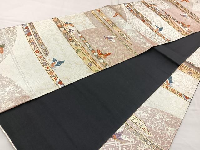 平和屋着物◎六通柄袋帯 唐織 横段花蝶文 金糸 正絹 逸品 BAAR2923cm