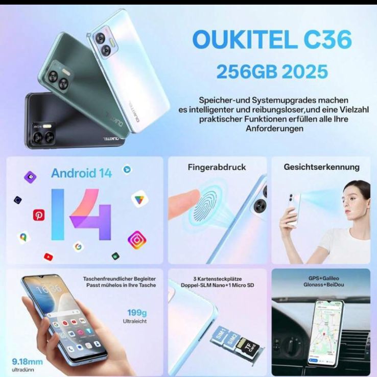 OUKITEL C36 SIMフリースマートフォン 本体 Android 14 24GB RAM+256GB