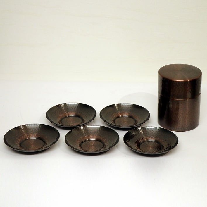 新光堂 美術銅器 茶筒 茶托5枚組セット No.190411-022 梱包サイズ60