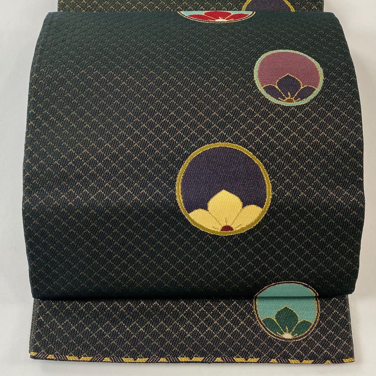袋帯 秀品 関西仕立て 丸紋 花 金糸 墨色 六通 正絹
