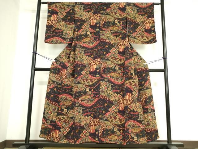 平和屋着物▽上質な小紋 単衣 舞花文 型染め 鬼しぼ縮緬