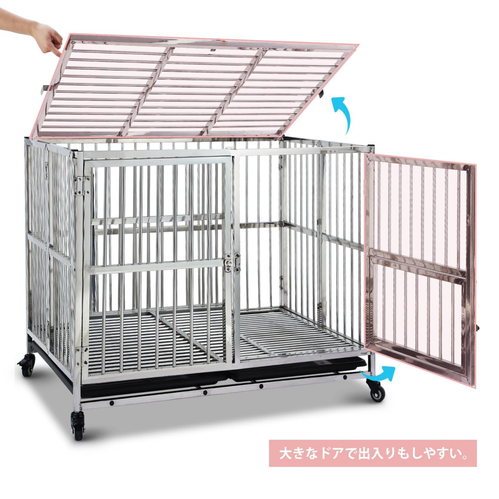 ガービー Garvee 犬ケージ 中型犬 ペットケージ 屋根付き 折りたたみ 頑丈 ステンレス製 キャスター付き ロック トレー付き