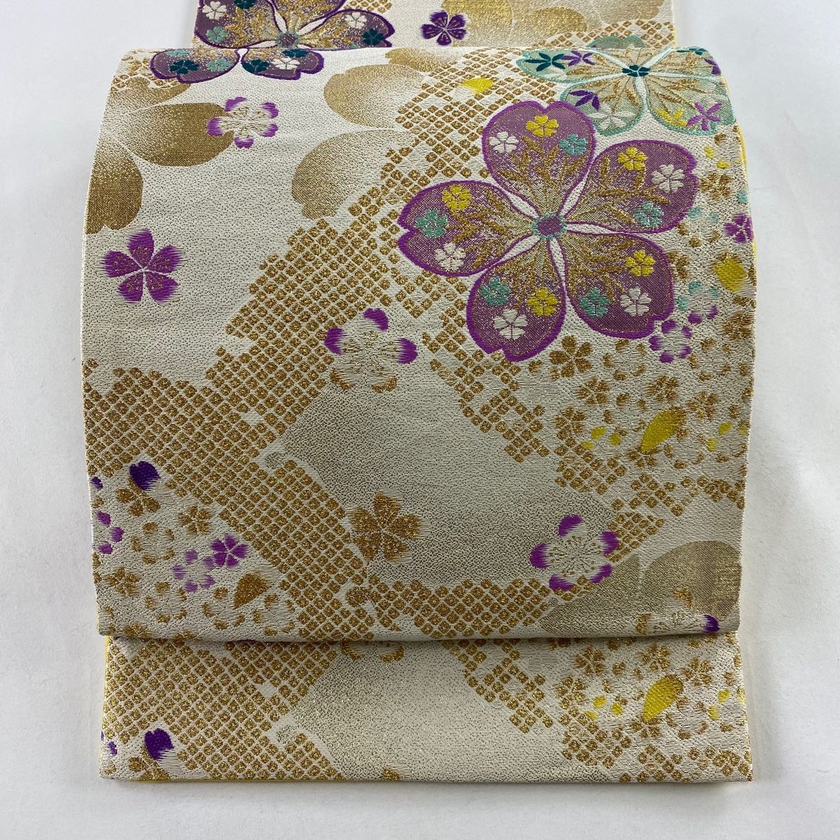 袋帯 秀品 桜 疋田 金糸 箔 ベージュ 六通 正絹