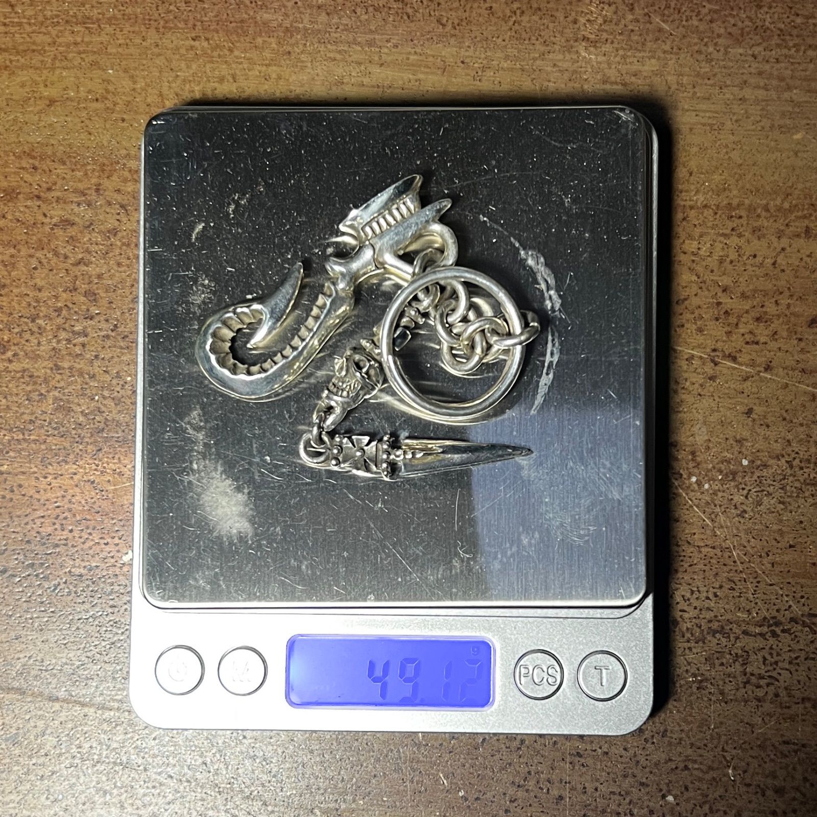 シルバー950 スカル＆ダガー フック型キーホルダー キーリング
