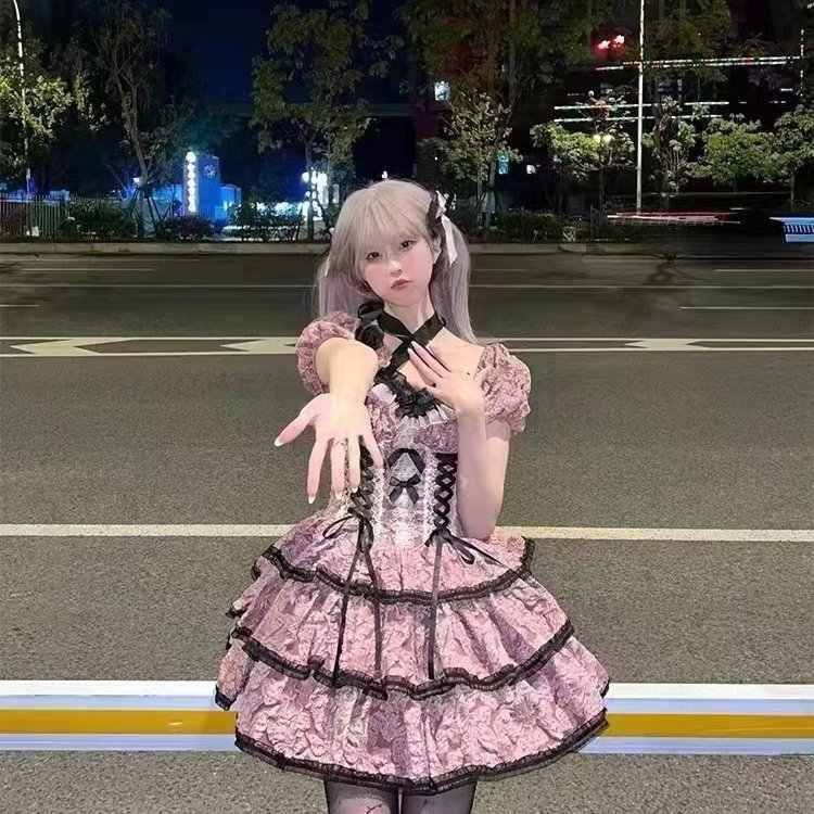 ♥ Lolita 4色選べるロリータ ワンピース フリルリボン付き プリンセス風 jsk 地雷系 甘ロリ 推し活 痛バコーデ S-Lサイズ