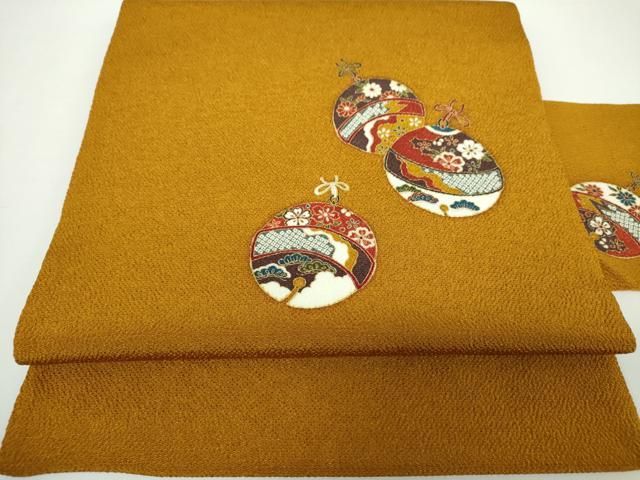 平和屋着物●九寸名古屋帯　鈴花文　鬼しぼ縮緬　金彩　正絹　逸品　DAAX4247ps 平和屋着物○九寸名古屋帯 鈴花文 鬼しぼ縮緬 金彩 正絹 逸品