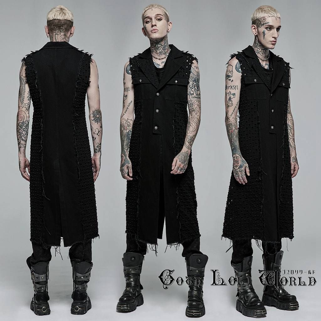 WY-1369MJM-BK パンクダメージメッシュデニム ロングベスト 黒色