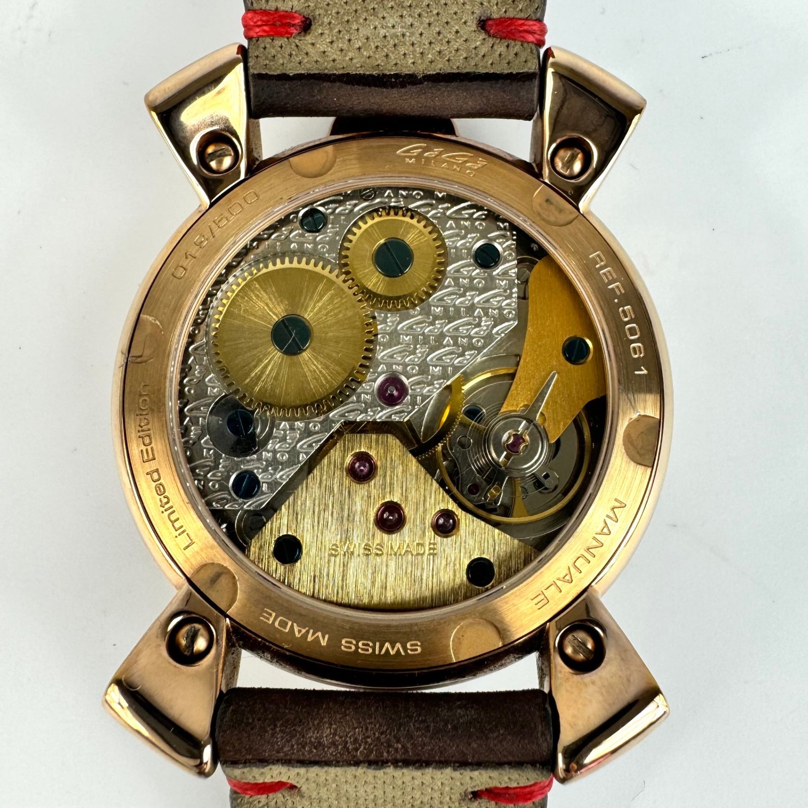 【希少品】ガガミラノ GaGa MILANO マニュアーレ48 BIONIC SKULL 5061.03S 手巻き 裏スケ 革ベルト マルチ ...
