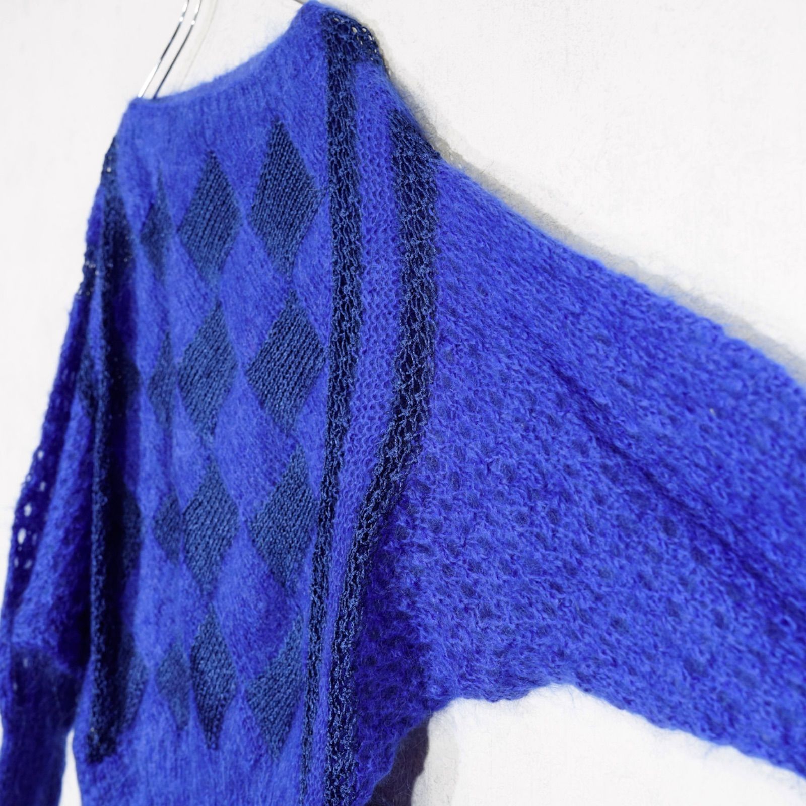 ヨーロッパ古着ダイアモンド柄鍵編み切替デザインモヘアニット