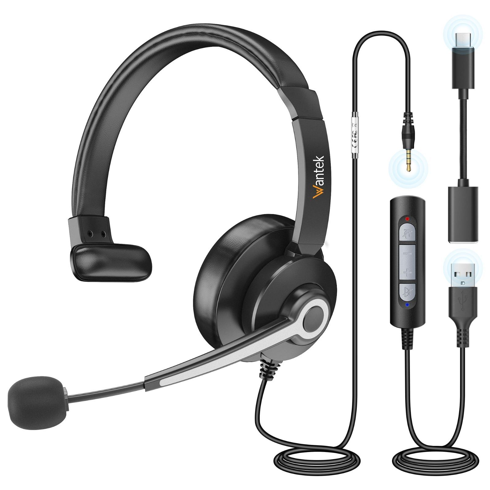 【人気商品】ノイズキャンセリングマイク付き 有線ヘッドセット 片耳 Skype、Web会議、ボイスチャット、リモートワーク、テレワーク、在宅勤務に適用される ヘッドセットUSB/TypeC/3.5mm プロ 
