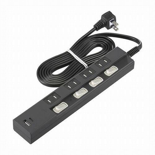 雷ガード 1m 4個口節電タップ PD対応Type-C&frasl;Type-Aポート付き ブラック 電源タップ ホワイト 4個口 雷 オーム電機 3個口タップ : カシムラ – Type-A 4口