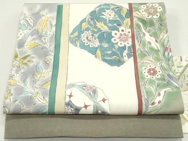 平和屋着物●塩瀬　九寸名古屋帯　手描き　更紗花唐草文　正絹　逸品　DAAW6571ob 平和屋着物○塩瀬 九寸名古屋帯 手描き 更紗花唐草文 正絹 逸品