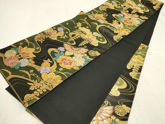 平和屋着物▽振袖用六通柄袋帯 流水花蝶文 金銀糸 正絹 逸品