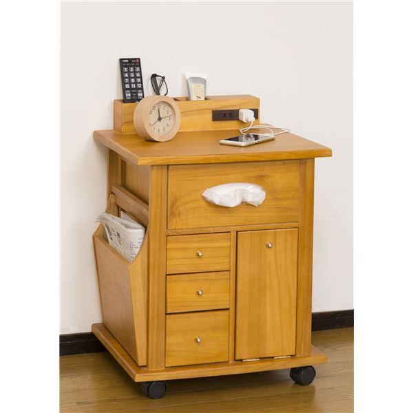 すっ桐 ナイトワゴン⁄サイドテーブル 木製 二口コンセント⁄キャスター付き