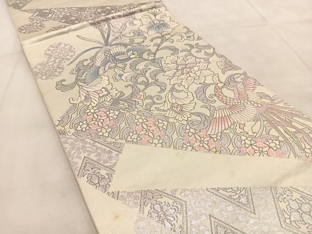 平和屋着物◎六通柄袋帯 プラチナ箔 鳳凰更紗花文 正絹 逸品 