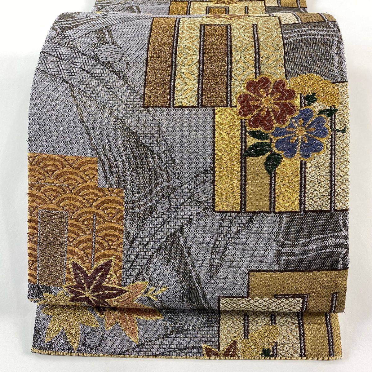 美品】 袋帯 名品 関西仕立て 源氏香 桜 箔 灰色 六通 正絹 【】