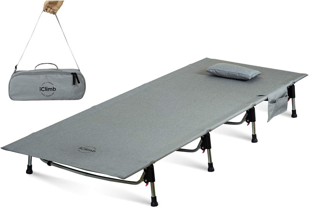 iClimb アウトドア 折り畳みベッド 数秒組立 超軽量 コンパクト コット 簡易ベッド 耐荷重150kg サイドポケット 収納袋付き 仮眠 キャンプ 庭 防災 バックパッキング