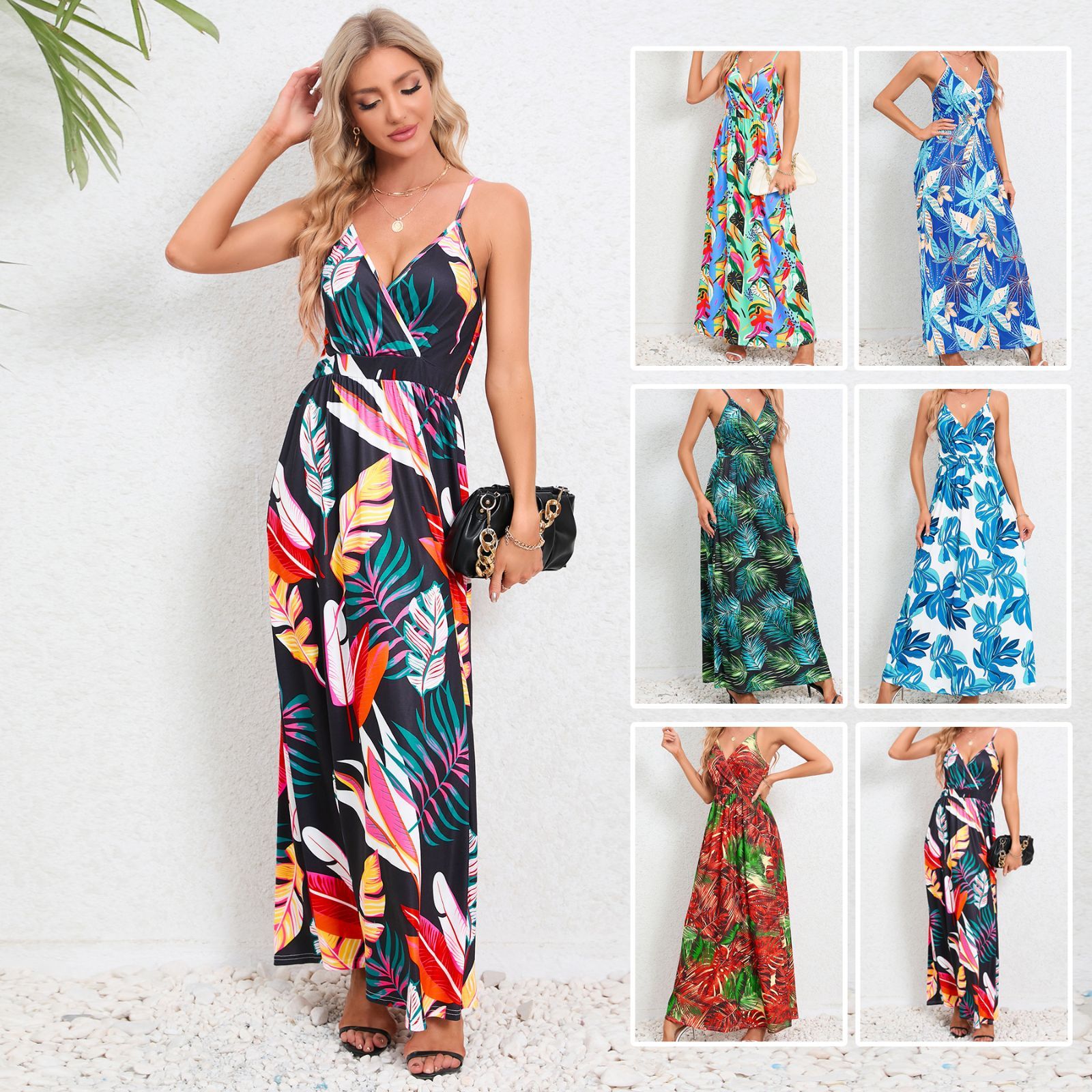 6着セット　美品　フラダンス衣装　フリル付黒白花柄マキシドレス　グループ　ドレス 楽天市場】即納☆【在庫限りセール】プリント切替ドレス リーフ