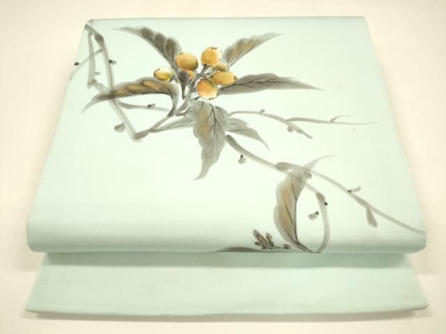 平和屋着物●塩瀬 九寸開き名古屋帯 手描き 成り物枝葉文 金彩 正絹 DAAY8222cm