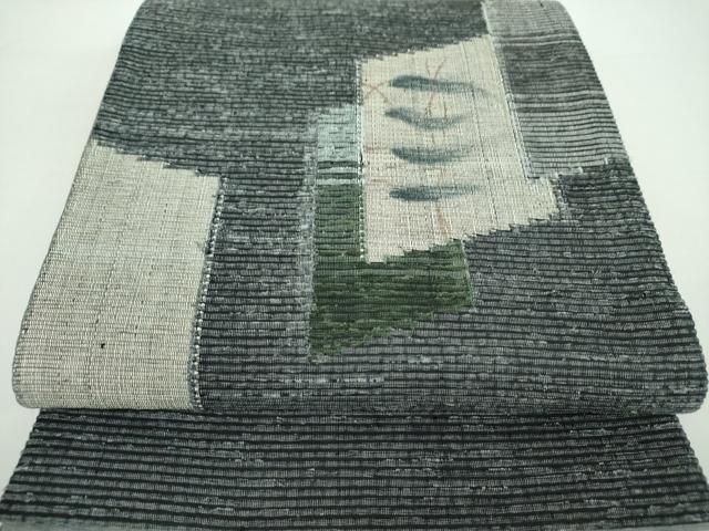 平和屋着物○太鼓柄袋帯 紬地 手描き 枝葉文 三越扱い 正絹 逸品