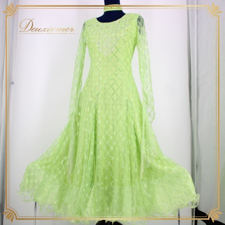 社交ダンス 衣装 ドレス ワンピース レッスンウェア パーティ衣装 女性用 レディース オールシーズン Leirena レイリーナ 黄緑 グリーン系 ラインストーン チョーカー 軽量 フォーマル ステージ衣装 上品 おしゃれ ダンスウェア