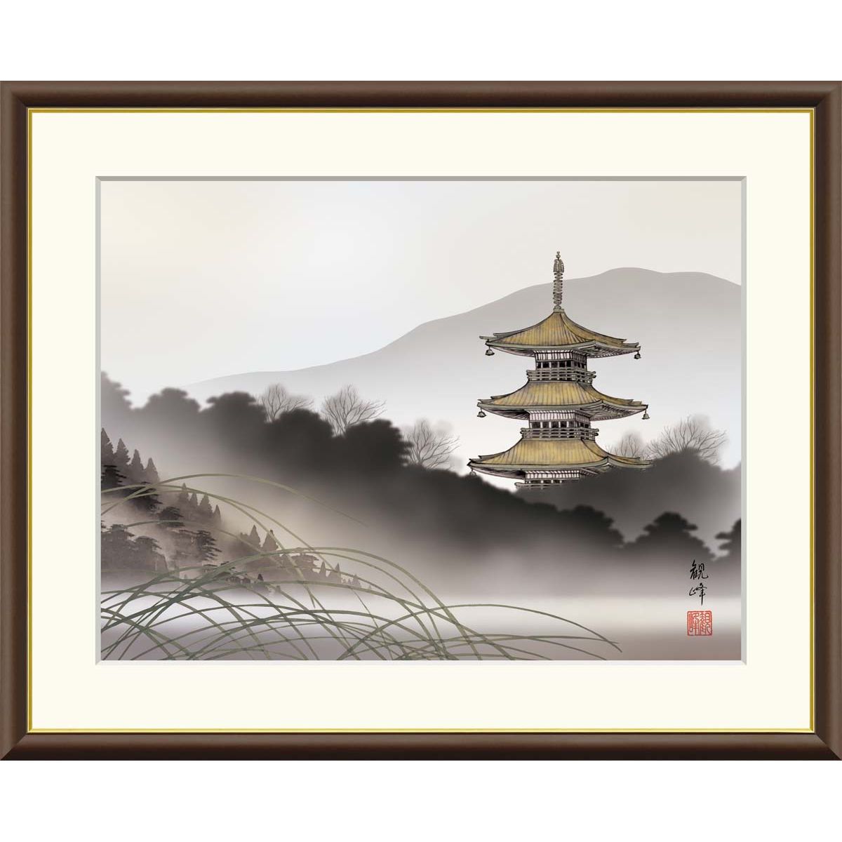 絵画 現代日本画 山水画 塔景 湖畔塔景 山村観峰 額入り